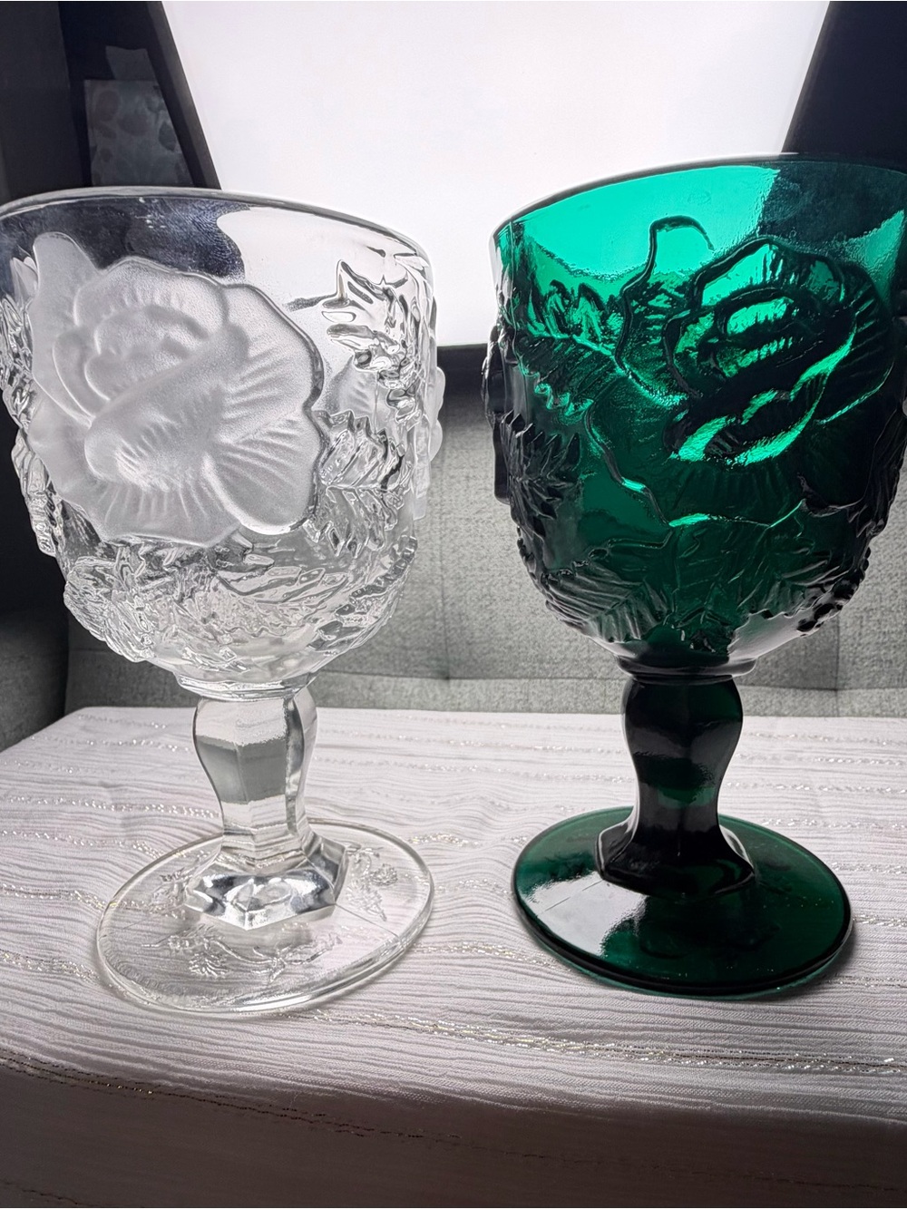 Madonna Inn Embossed Rose Goblets 6.5” Emerald Green & Frosted Clear Pair